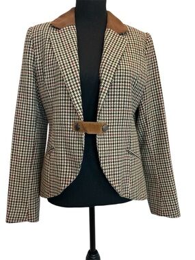 H&M Brown Houndstooth Wool equestrian Riding Jacket Blazer elbow patch 8/M